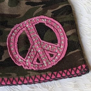 Claire's Camo Beanie Hat with Pink Peace Symbol and Rhinestones, One Size